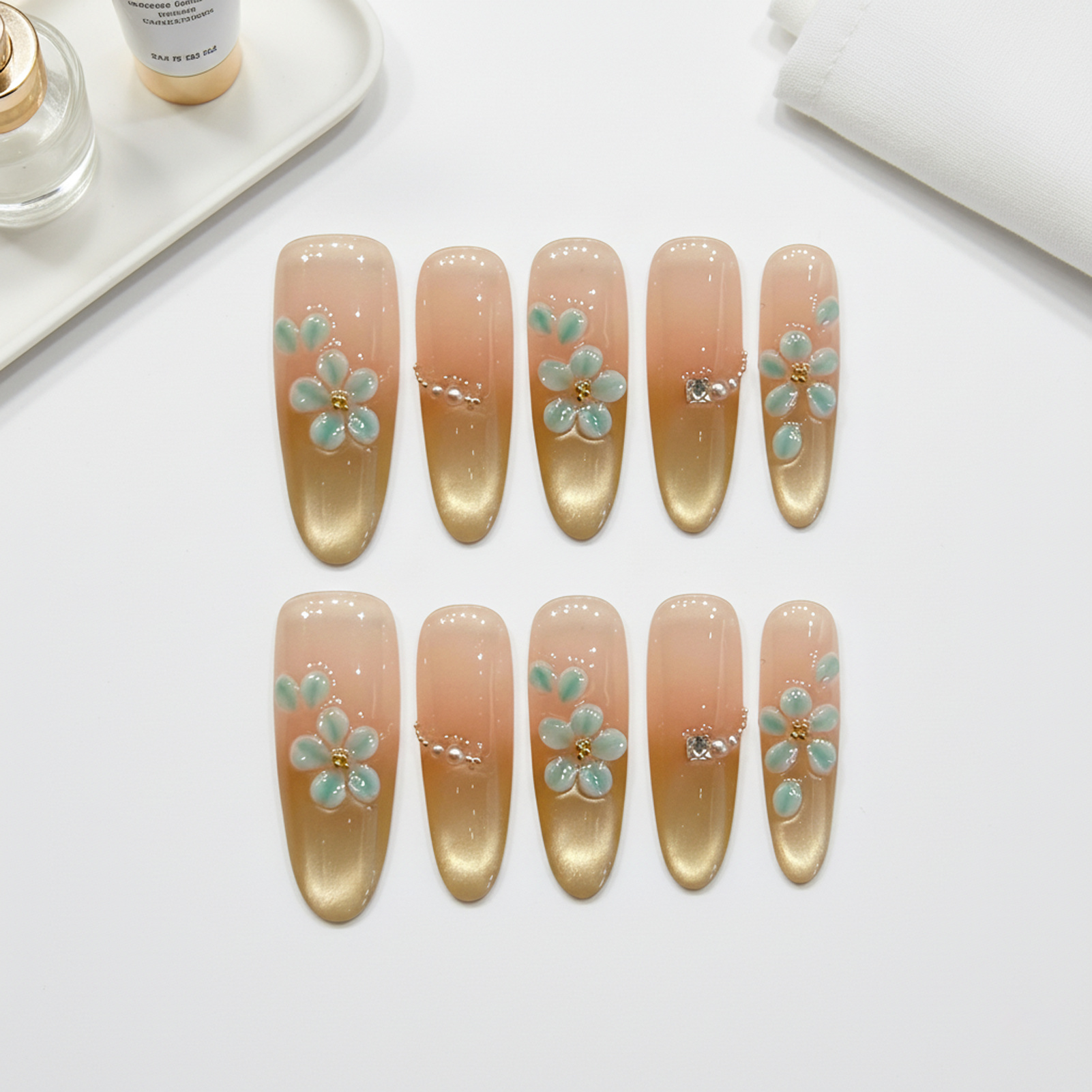 Handmade Fake Nails 10pcs Wear - Resin Art Flowers 评论和价格
